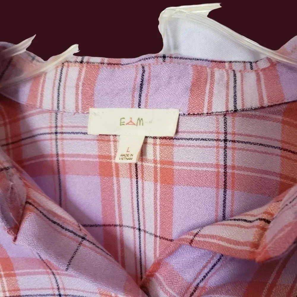 -E & M checked shirt sleeve to roll up size L lilac/pink - Picture 6 of 8